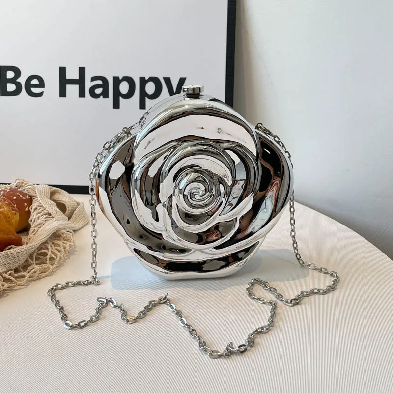 3D Rose Flower Shaped Evening Clutch Bag Fashion Metallic Mirror Finish Hard Case Purse with Chain Luxury Floral Handbag view 2