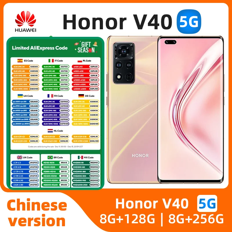 Honor-V40 Celular, Usado, 5G, 8GB RAM, 128GB, 256GB, Dimensão 1000, Octa Core, 6,72 ", 2676x1236P, OLED, 120Hz, câmera 50MP, 66W