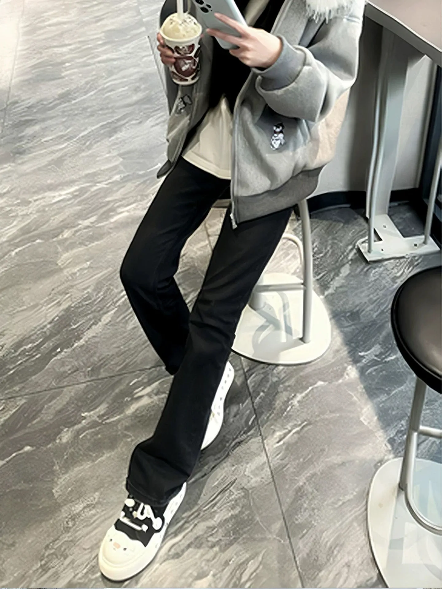 

Bla Fce Lined Slim Fit Straight Leg Jeans Men's Winter High Street American Sle Bootcut Trousers Youth Wear Casual Jeans