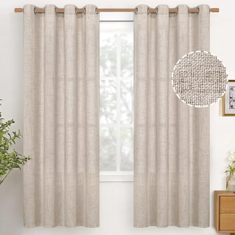 Natural Linen Curtains 72 Inch Long Living Room Light Filtering Window Curtain Drapes with Bronze Grommet for Bedroom