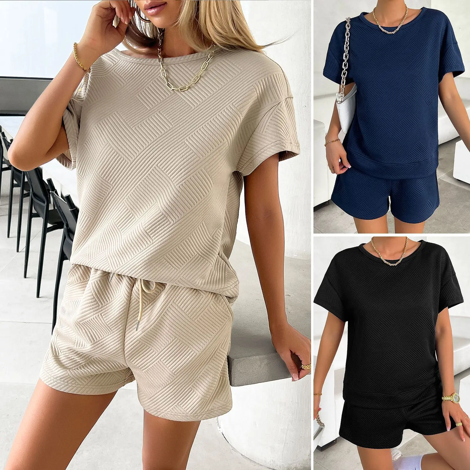 

Women's Clothing 2024 Summer Solid Color Knitted Crew Neck Top Shorts Casual Two-piece Set