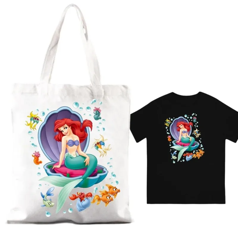 MINISO Little Mermaid Ariel Women Shoulder Bags Couple Combination Clothes Short Sleeve Collar Fashion T shirt  Man Cotton