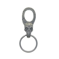 Handmade stainless steel spring snap oval scary pirate skull head Japanese hook FOB keychain DIY Halloween gift keyrings