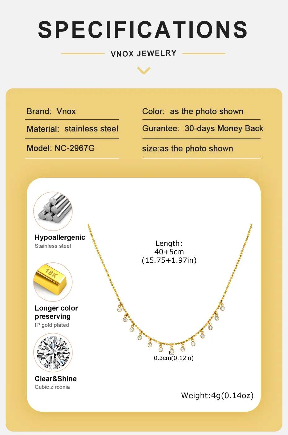 Vnox Elegante Funkelnde Zirkon-Halskette für Damen, 18K Vergoldeter Edelstahl, Quasten-Halskette, Exquisiter Partyschmuck – Detail 4