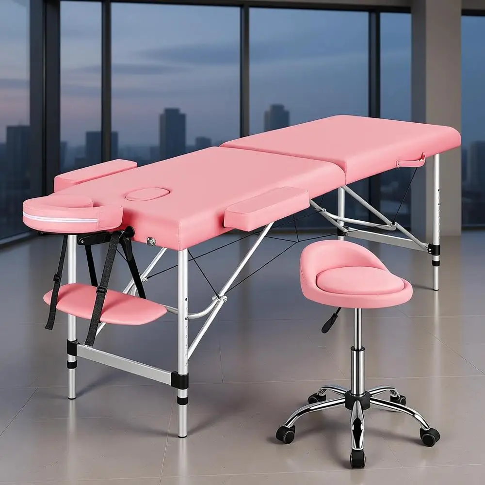 

Adjustable Massage Table with Rolling Stool, Swivel Chair, and Waxing Bed for Physical Therapy
