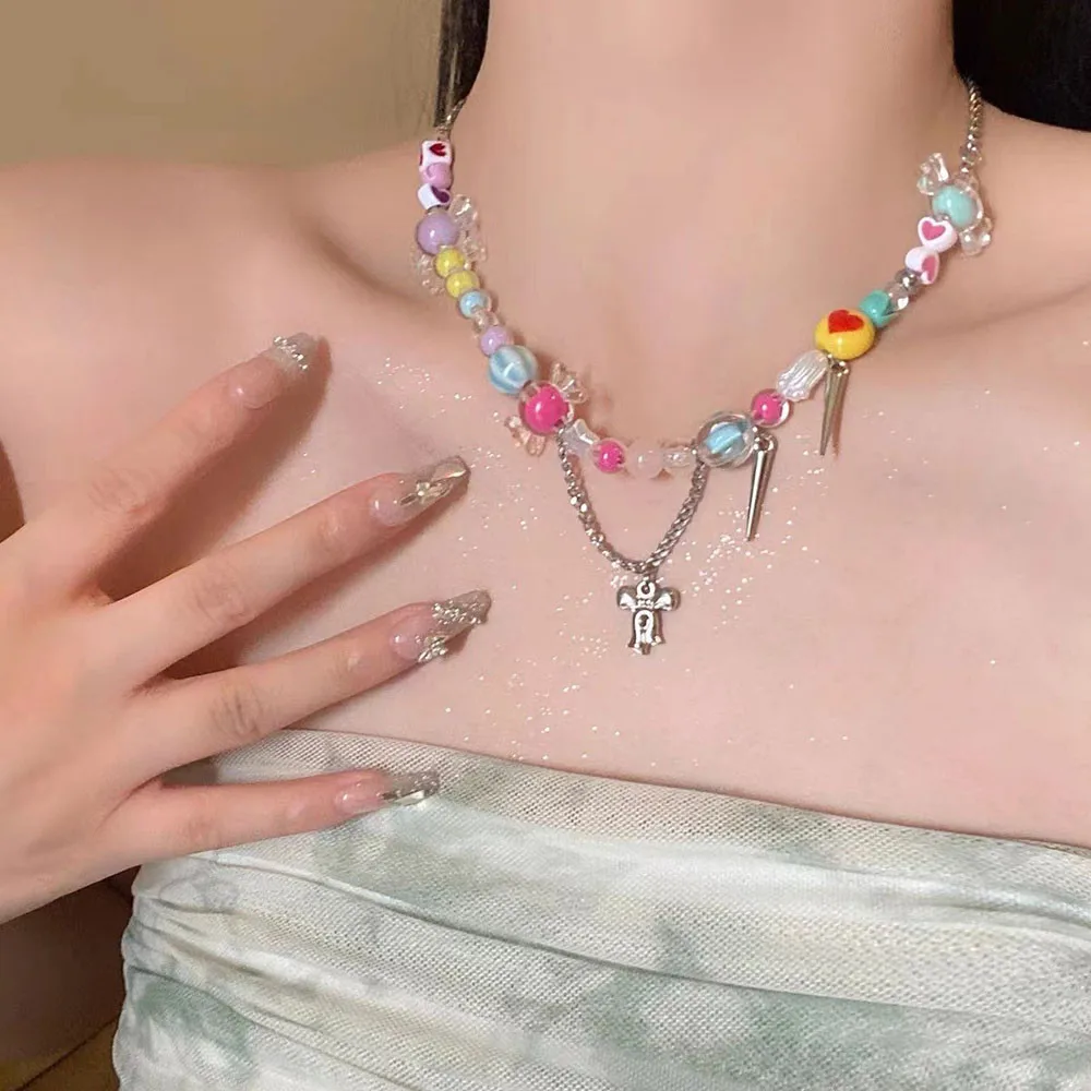 

Colorful Dopamine Pearl Flowers Pendant Necklace Summer Light Luxury Collarbone Chain Stylish Design