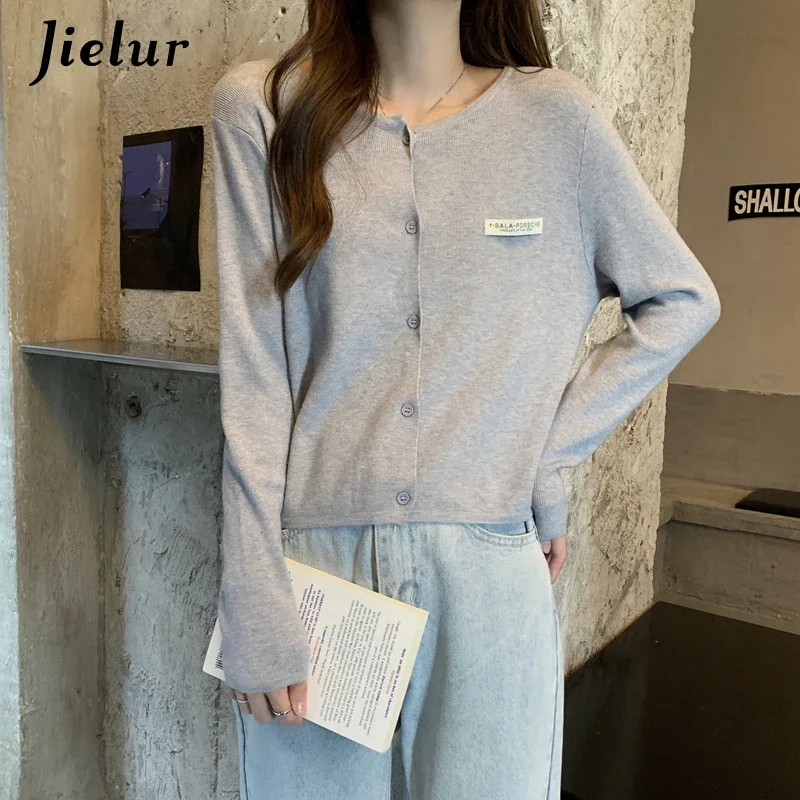 Jielur Autumn Korean Sweater Single-breasted O-neck Knitted Jacket Chic Simple OL Women Cardigan Blue Gray Apricot Outerwear