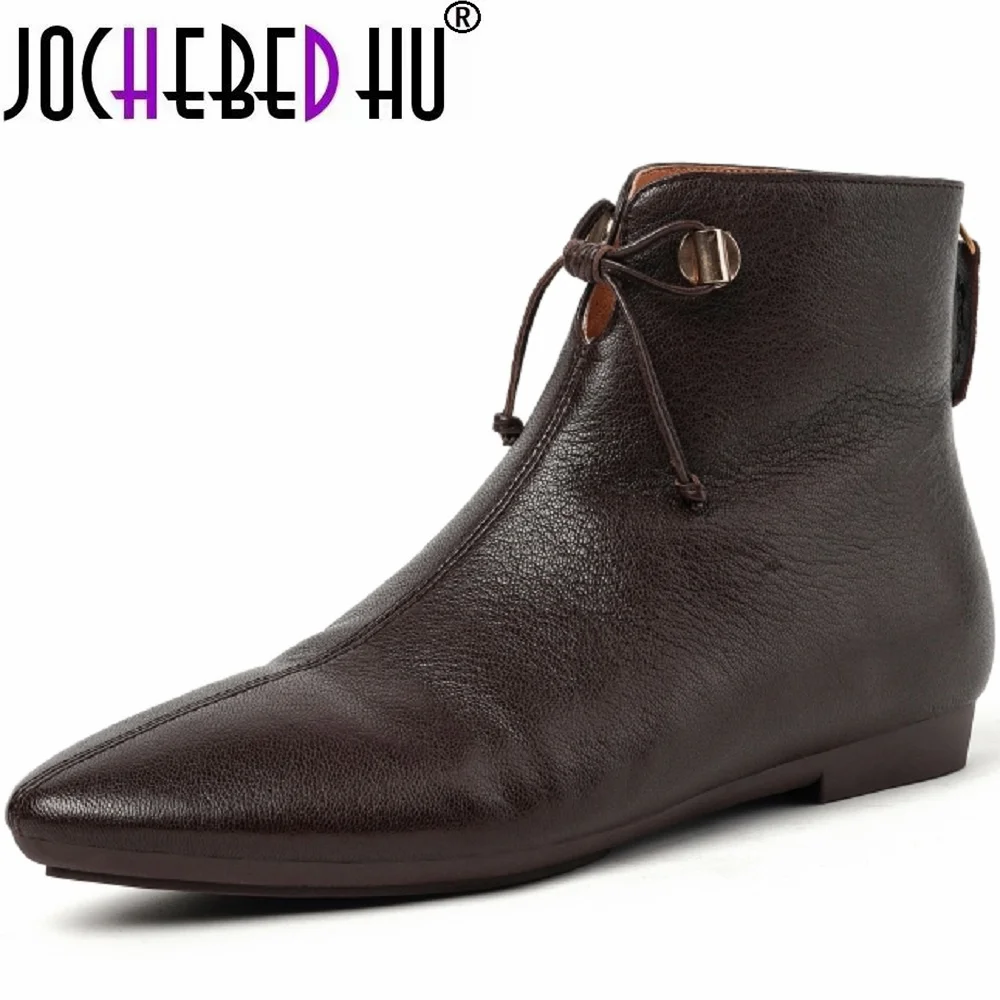 

【JOCHEBED HU】Women Handmade Genuine Leather for Pointed Toe Low Heel Shoes Elegant Zipper Ankle Boots Soft Modern Boots 34-40
