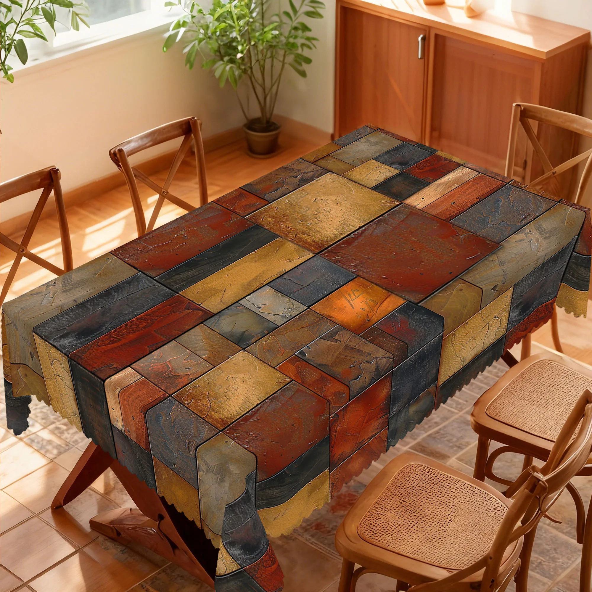 1 Piece of Vintage Stone-Patterned Printed Round and Rectangular Tablecloth, Available in Various Sizes, with Natural Stone Texture in Red-Brown, Burnt Orange, and Charcoal Gray as the Core, and Embossed Edges, Suitable for Home Dining Rooms, Garden Picnics, and Four-Season Home Decor, Wabi-Sabi Pastoral Decoration
