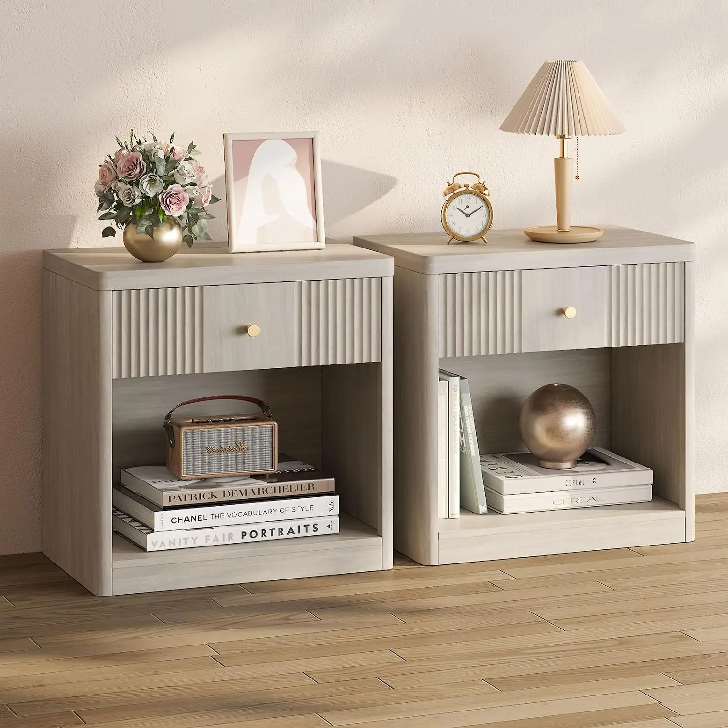 Night Stand Set of 2, Fluted Nightstands with Drawer, White Alder | Large Bedside Tables, End Tables with Storage, Customized
