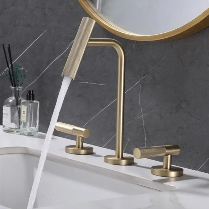 

New Arrival Brush Gold Bathroom Basin Faucet Widespread Mixer Tap Deck Mounted Rotation Hot And Cold Tap Sink Faucet Brass