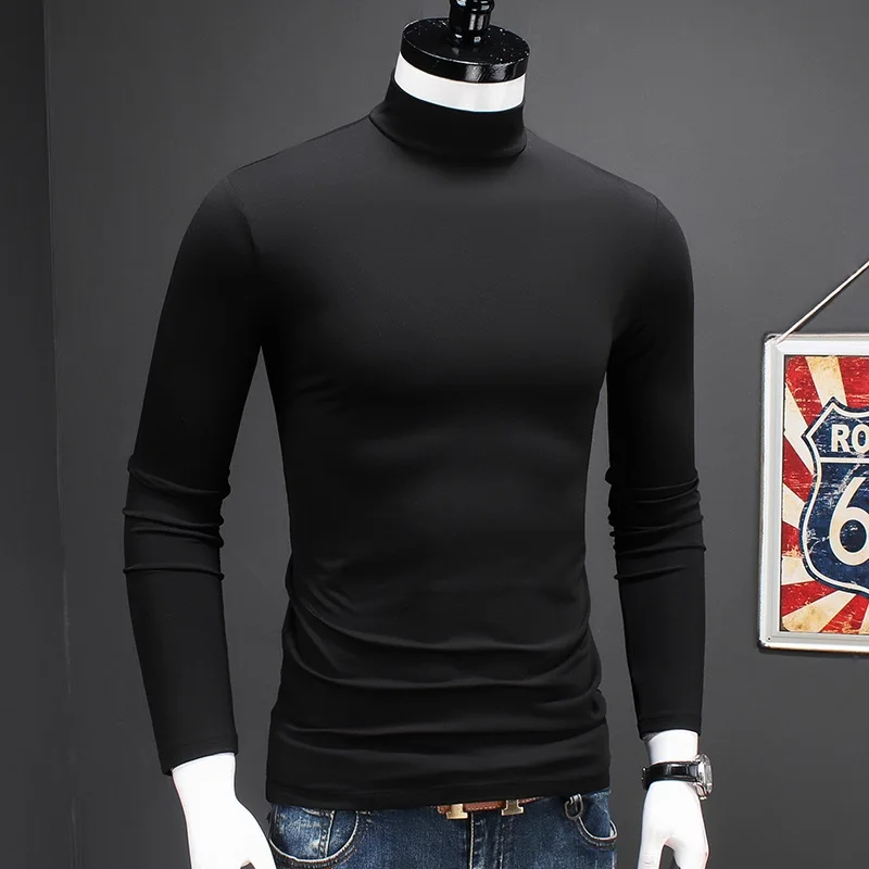

Men's Half High Collar Long Sleeve Black T Shirt Autumn Male Clothes Cotton Modal T-Shirts Man Winter Fleece Warm Tshirt