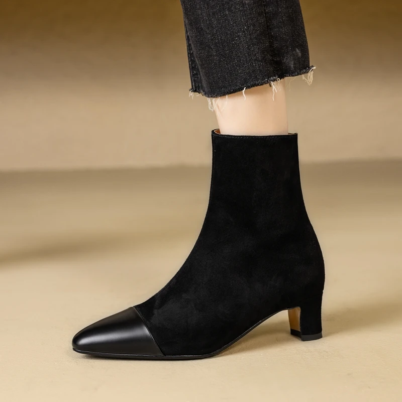 

Women's new leather, cowhide, sheep suede, pointed toe, mid heel, spliced side zipper, Chelsea short boots, fashion boots