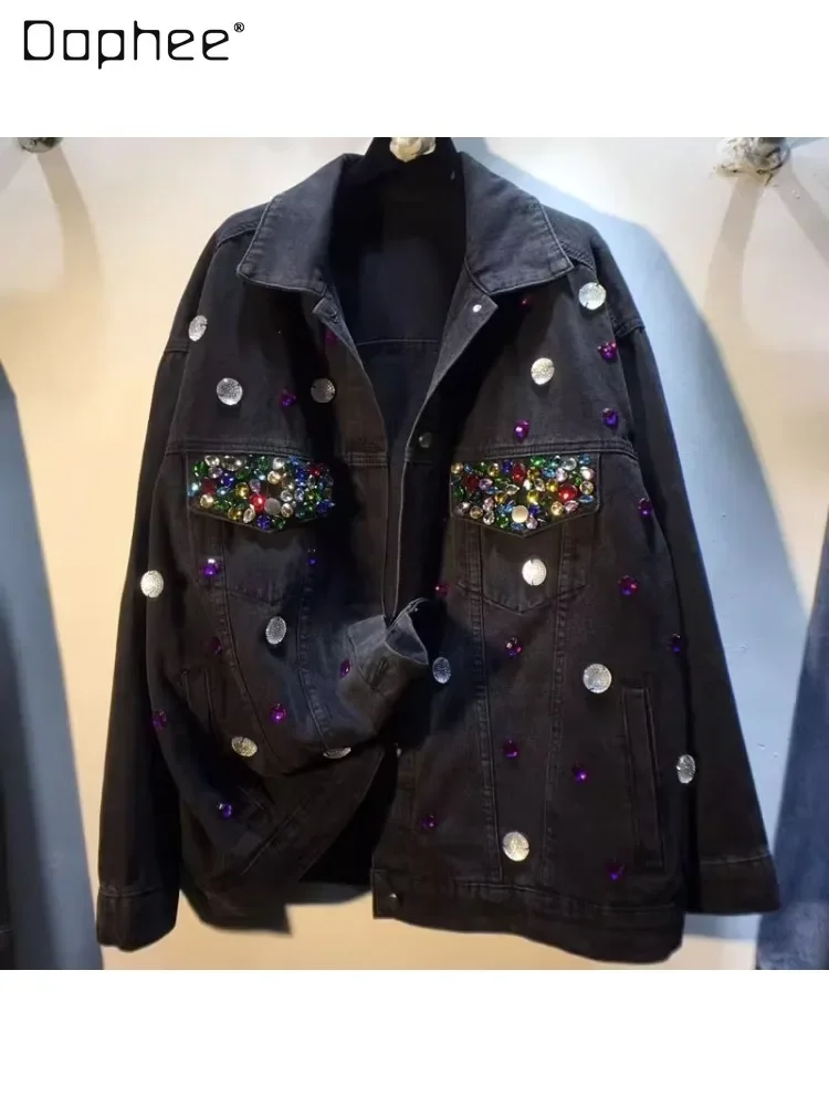 

Exquisite Rhinestone Beaded Loose Slimming Long Sleeves Denim Jacket for Women2023 Autumn New Polo Collar Single-Breasted Top