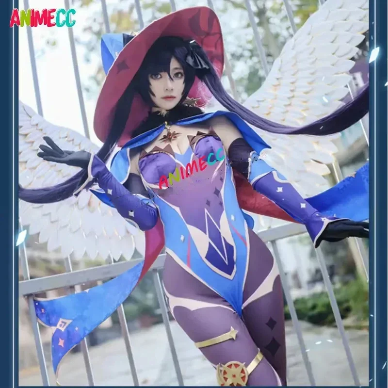 ANIMECC en Stock S-XL Mona Genshin Impact Cosplay Costume Perruque Chapeau Anime Sexy Combinaison Halloween Carnaval ixTenues pour Femmes