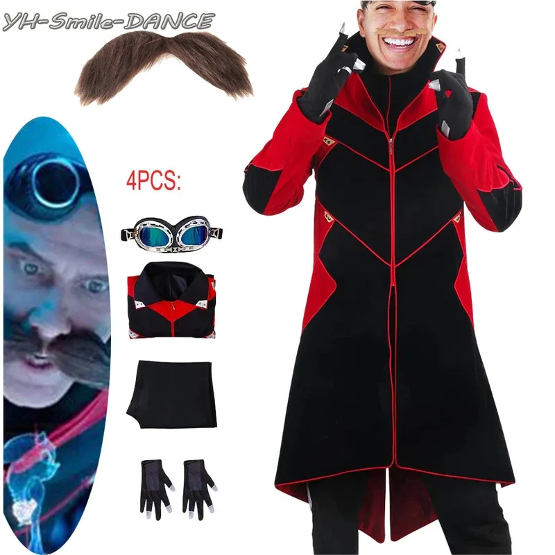 

Anime Mr Dr Eggman Cosplay Costume Ivo Robotnik Cosplay Beard Men's Jacket Pants Glasses Gloves Halloween Trench Coat Party
