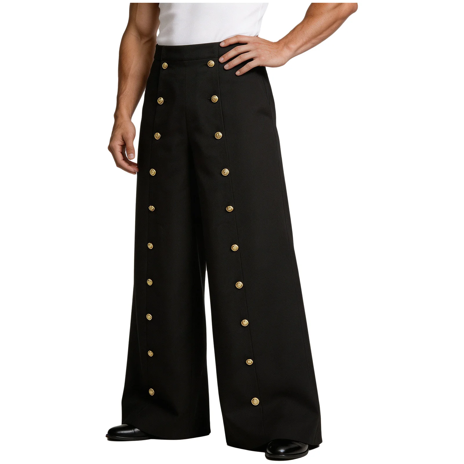 Men Baggy Cargo Pants High Waist Wide Leg Khaki Trousers  Double Rows Decor Gold Buttons Party Club Medieval Renaissance Costume