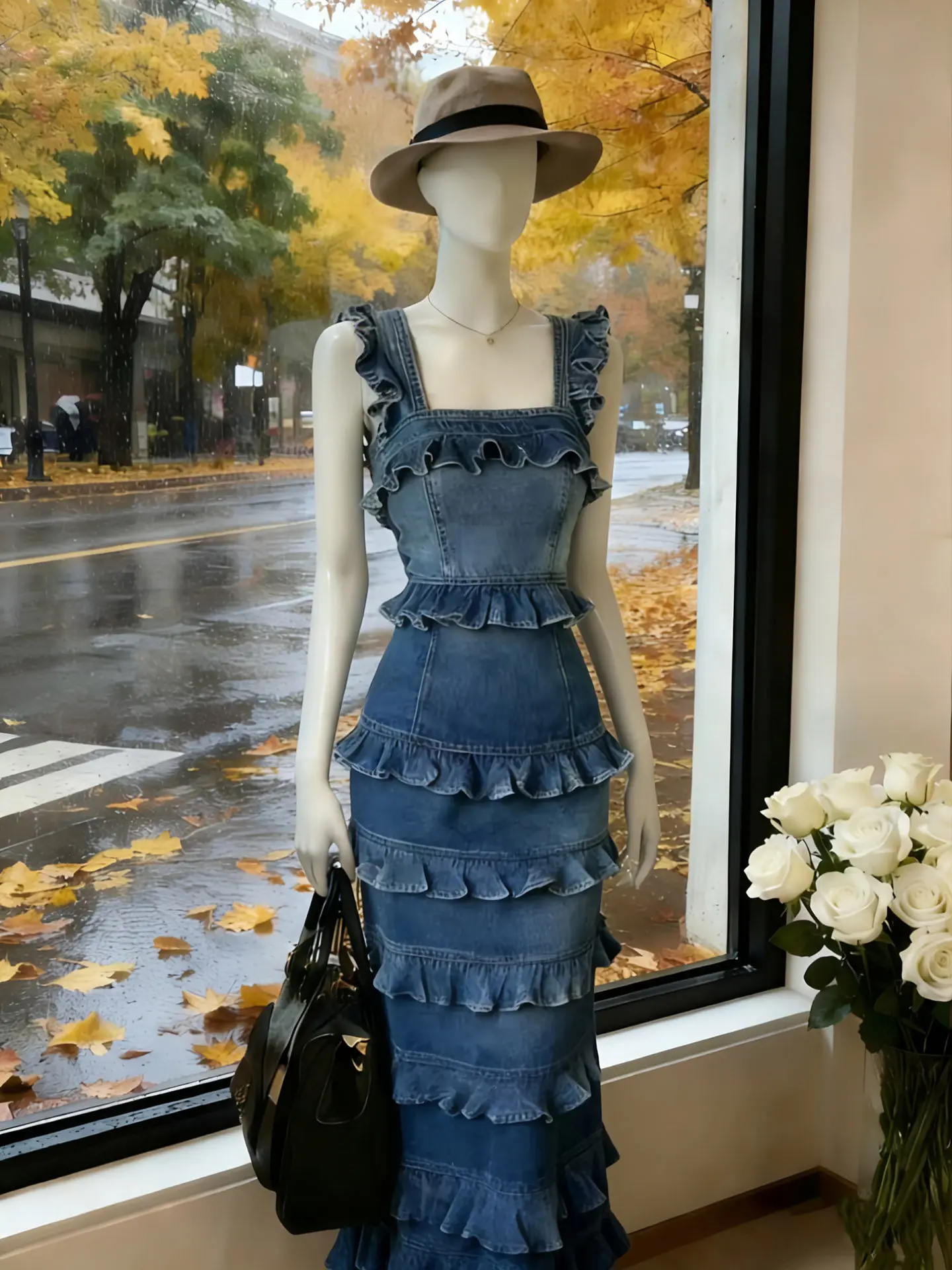 

Retro Hong Kong Style Ruffle Hem Splice Denim Halter Dress Women's Summer New Elegant Beautiful Cake Vest Skirt Dress