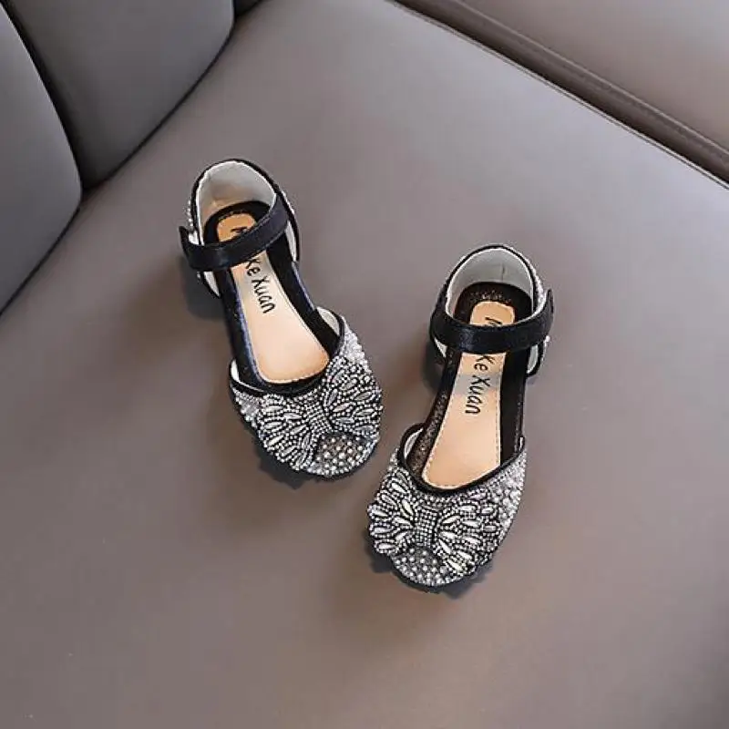 Little Girl Sequin Sandals Summer New Rhinestone Bow Princess Sandals Fashion Bling Kids Wedding Soft Flat Sandals Size 21-36