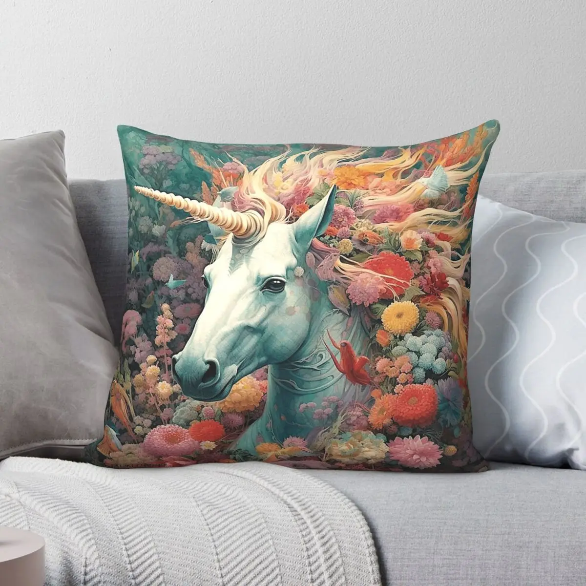Poetic Unicorn Among Flowers Square Pillowcase Polyester Linen Velvet Creative Zip Decorative Pillow Case Bed Cushion Cover 18