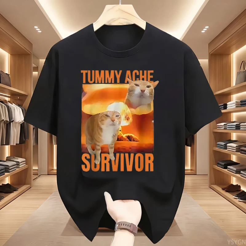 Tummy Ache Survivor Cat Funny Retro Casual Round Neck Pure Cotton Short-sleeved T-shirt Mens Summer Fashion Trend Breathable Top