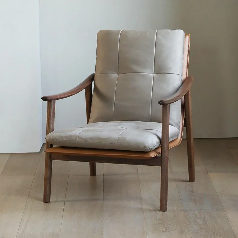 

North American Black Walnut Nordic Single Chair Solid Wood Leather Armchair High Back Chair