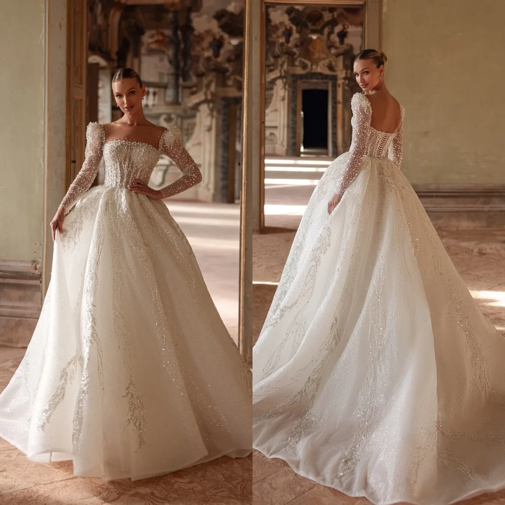 

Customized Exquisite Pearls Square Collar Long Sleeves Chapel Train Wedding Dress High Quality Backless Appliques Bridal Gowns
