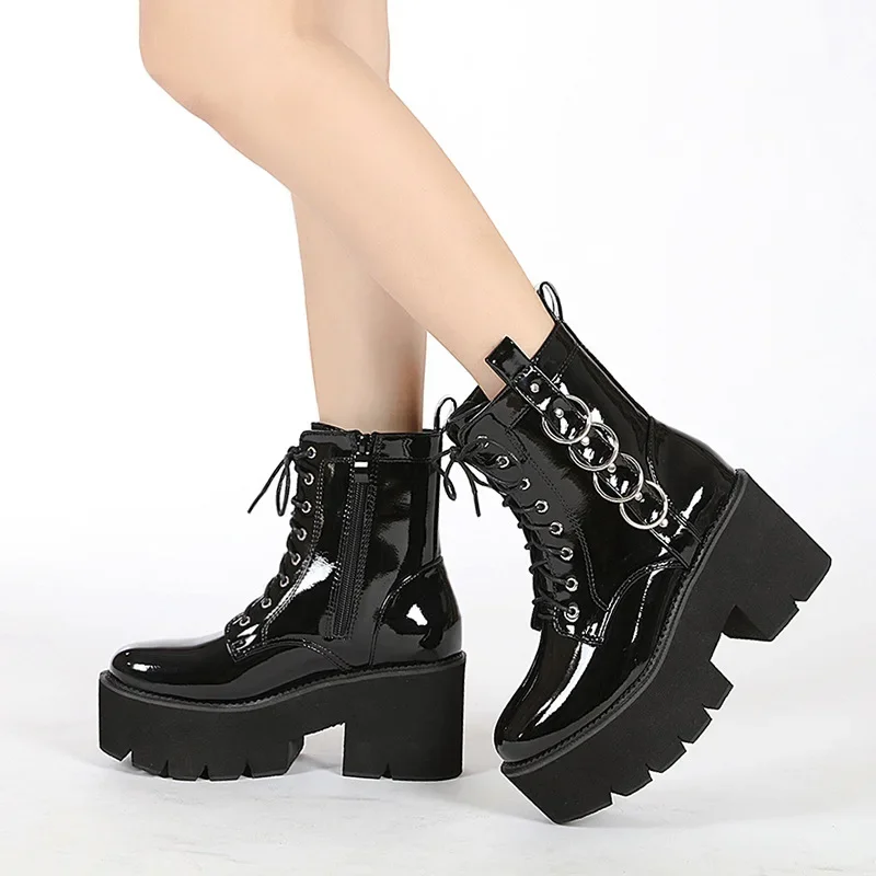 Punk Metal Buckle Platfom Ankle Boots Women 2025 Autumn PU Leather Chunky Heels Gothic Shoes Woman Thick Bottom Motorcycle Botas