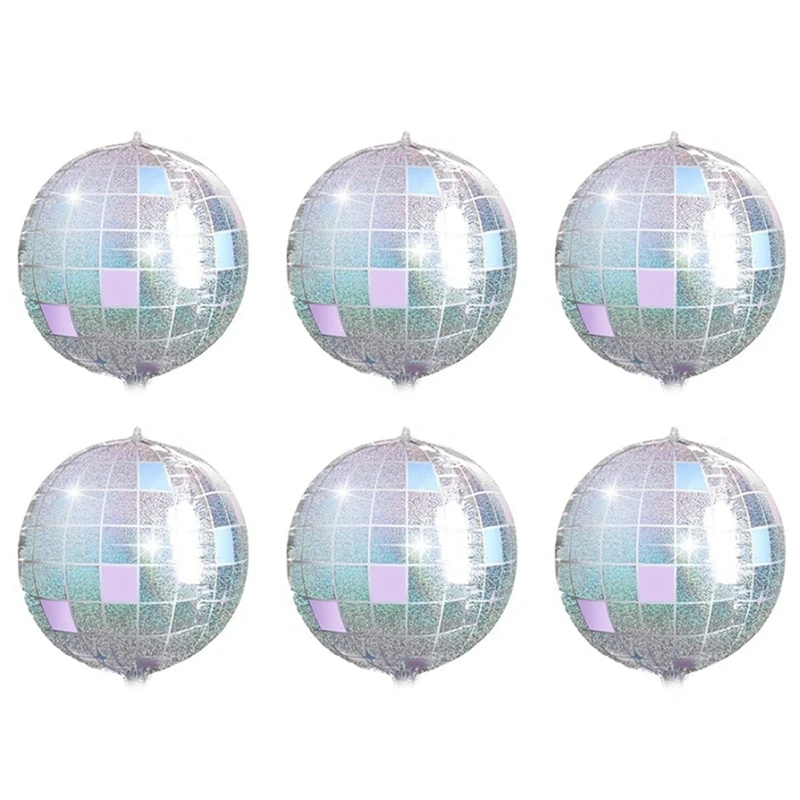 6Pcs Iridescent Disco Ball Balloons, Huge Shiny Silver Disco Aluminum Foil Balloons For Birthday Single Party Decoration