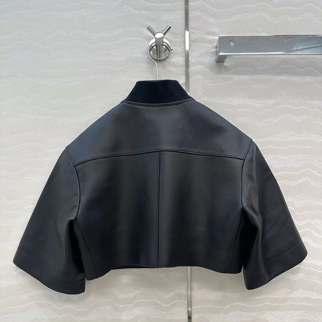 Manteau de luxe en cuir de mouton pour femme, Design court, col rond, demi-manches, fermeture éclair, court, Vintage, élégant, solide, 100%