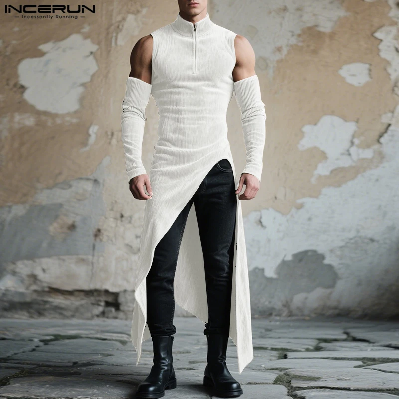 INCERUN Men Irregular T Shirt Solid Off Shoulder Long Sleeve Casual Male Tee Tops Zipper Streetwear Long Style T-shirts Men 2025