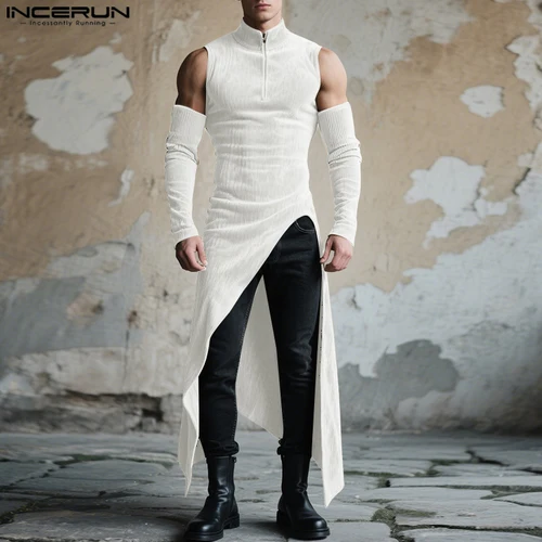 Imagen 2 del producto INCERUN, camiseta Irregular para hombre, camisetas lisas de manga larga con hombros descubiertos, camisetas informales para hombre, ropa de calle con cremallera, camisetas de estilo largo para hombre 2025
