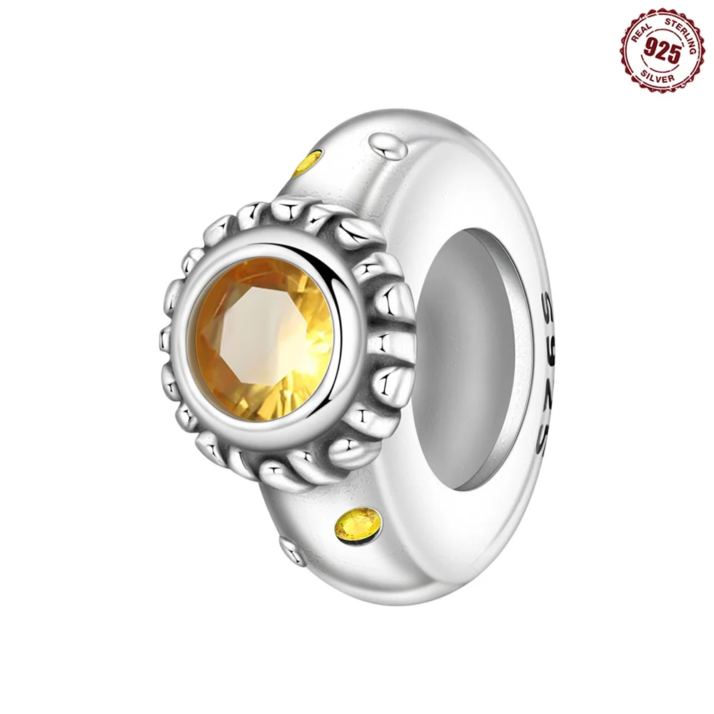Sun Shape Spacer Bead Inlaid Yellow Crystal Charm 925 Sterling Silver Positivity & Good Fortune Fit Bracelet DIY Jewelry Gift