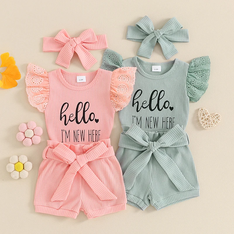 

Newborn Baby Girl Summer Clothes Letter Print Romper and Elastic Waist Shorts with Belt Headband Set Cute 3 Piece Outfits