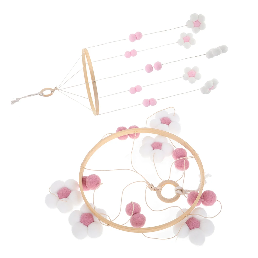 2 Piezas de Decoración para Cuarto de Bebé, Móvil de Cuna Estilo Nórdico Boho, Móvil Colgante de Madera con Pompones y Flores para Niñas, Juguetes para Cuna