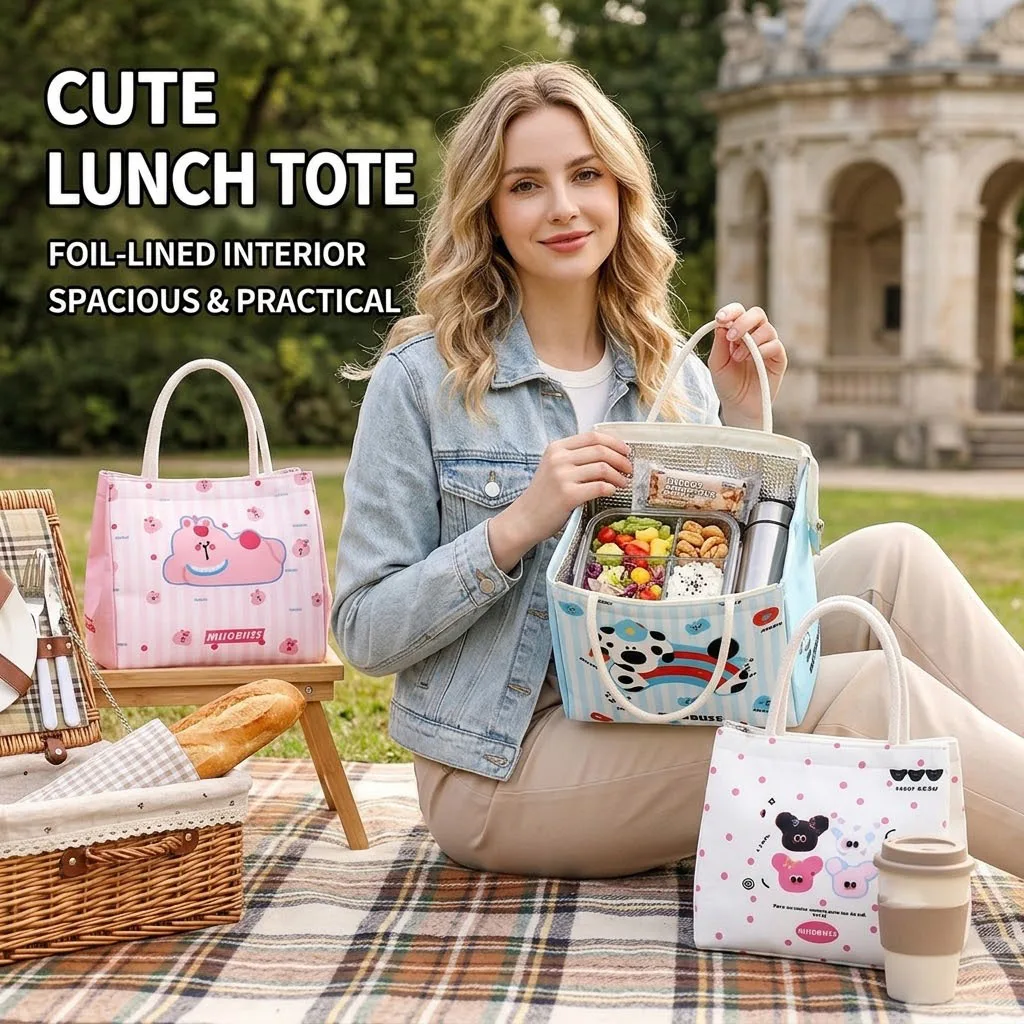 Lunch Bag Thermal Insulated Cooler Tote for Women Kids Cute Cartoon Canvas Bento Box Holder Outdoor Picnic Food Container Pouch