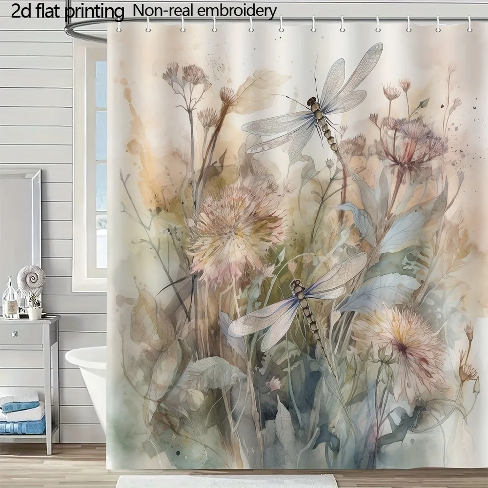 Dragonfly Wildflower Shower Curtain Polyester Easy Clean Durable for Modern Traditional Bathroom Decor Housewarming Wedding Gift