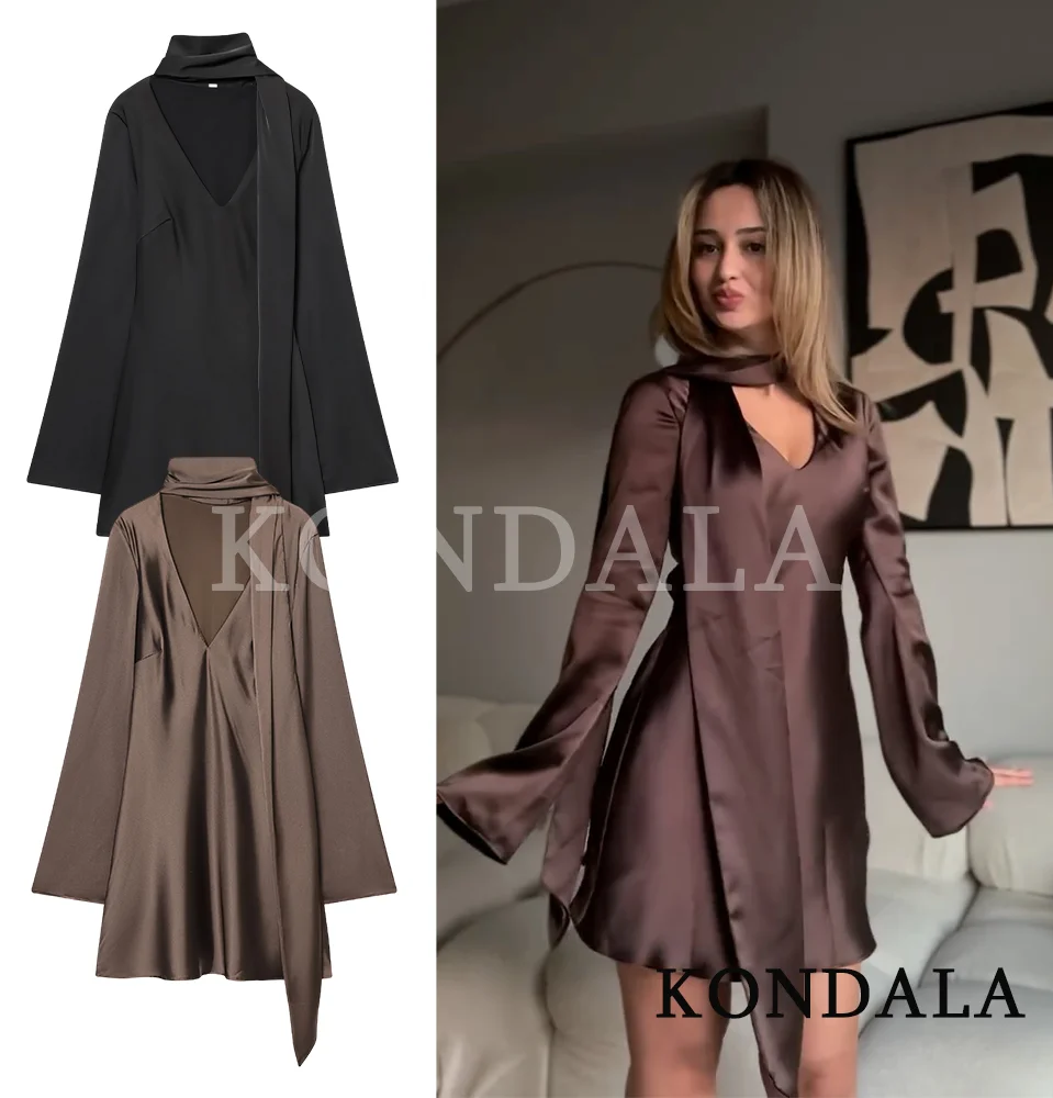 KONDALA Sukienka Satynowa Krótka z Kołnierzykiem Szalowym, Dopasowana Sukienka na Randkę, Moda 2025, Brązowa Sukienka Damska, Seksowna i Urocza Mini Sukienka z Dekoltem w Serek