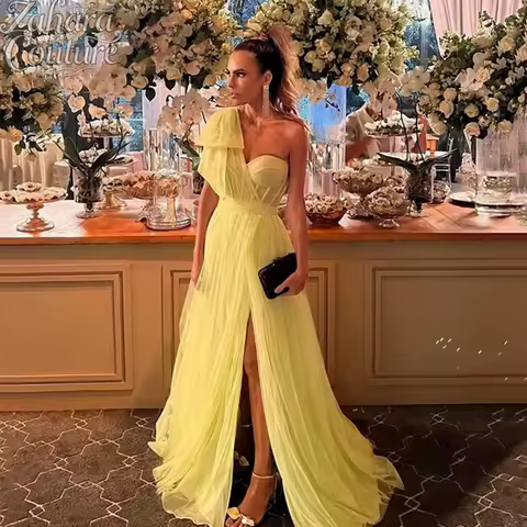 Zahara Customized Yellow One-Shoulder Prom Dress Sweetheart Long Pleat Boned Evening Dress High Split Elegant Formal Party Gown