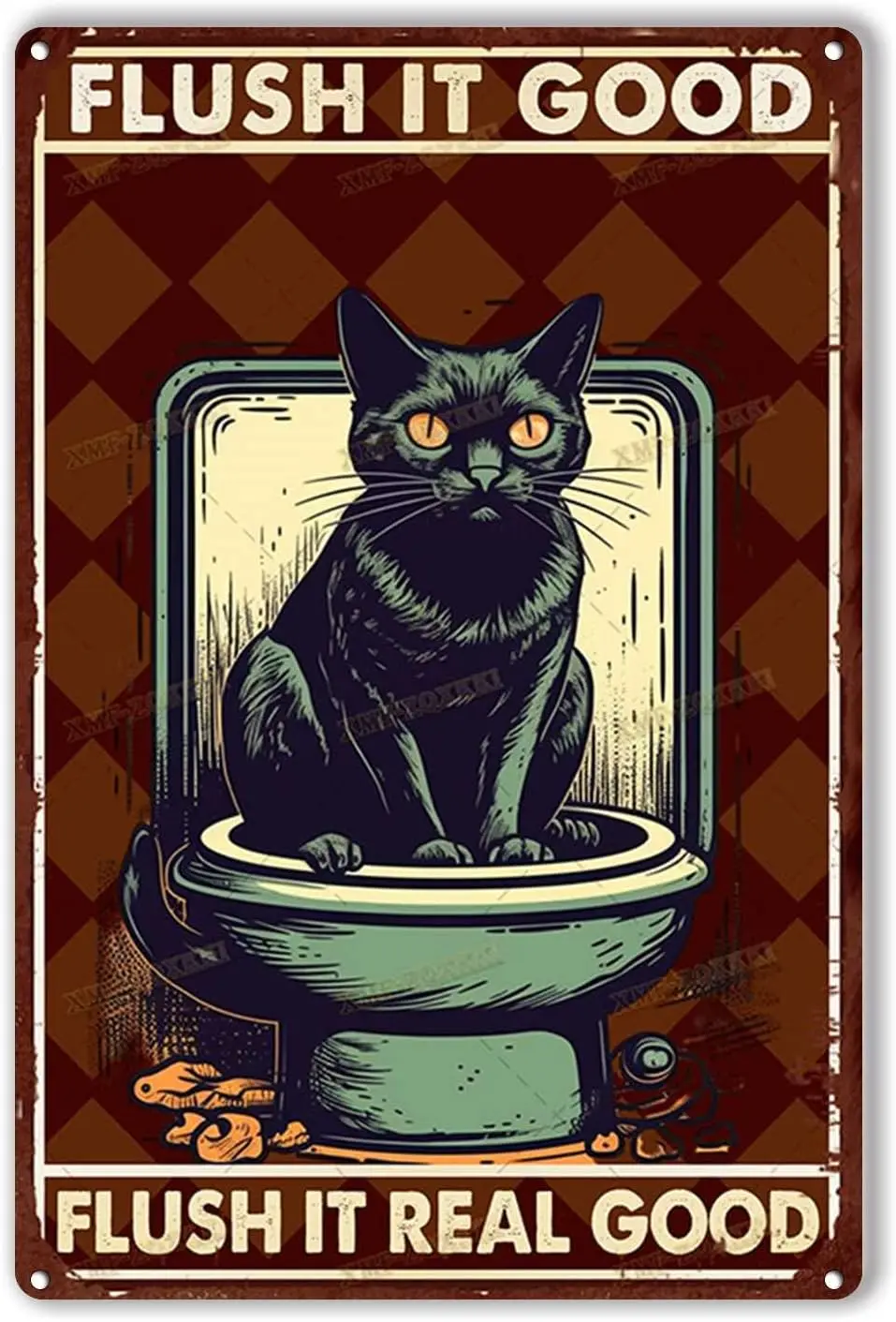 Tin Sign Flush It Good Real Funny Bathroom Black Cat for Home Decorations