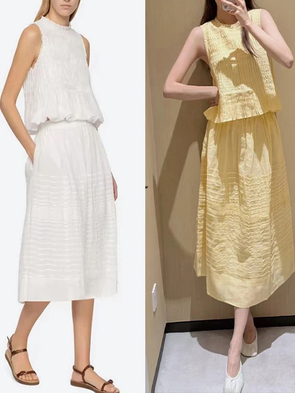 

Шикарный комплект юбки и топа для весны и лета: повседневный, с круглым вырезом, плиссированными деталями и горизонтальными полосками, модный женский...