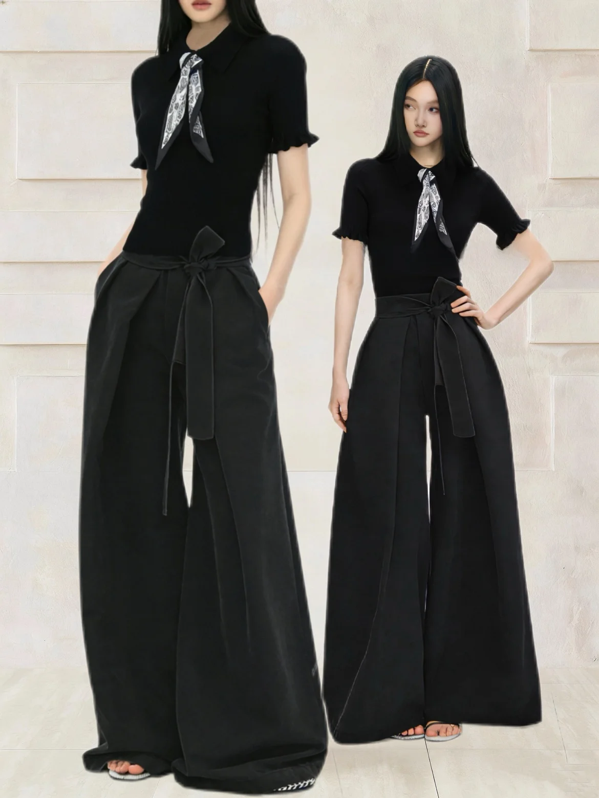 

Elegant Slimming Straight Leg Pants Set with Silk Scarf Decorative Belt Design Summer Fashion Women's Two-Piece Outfit