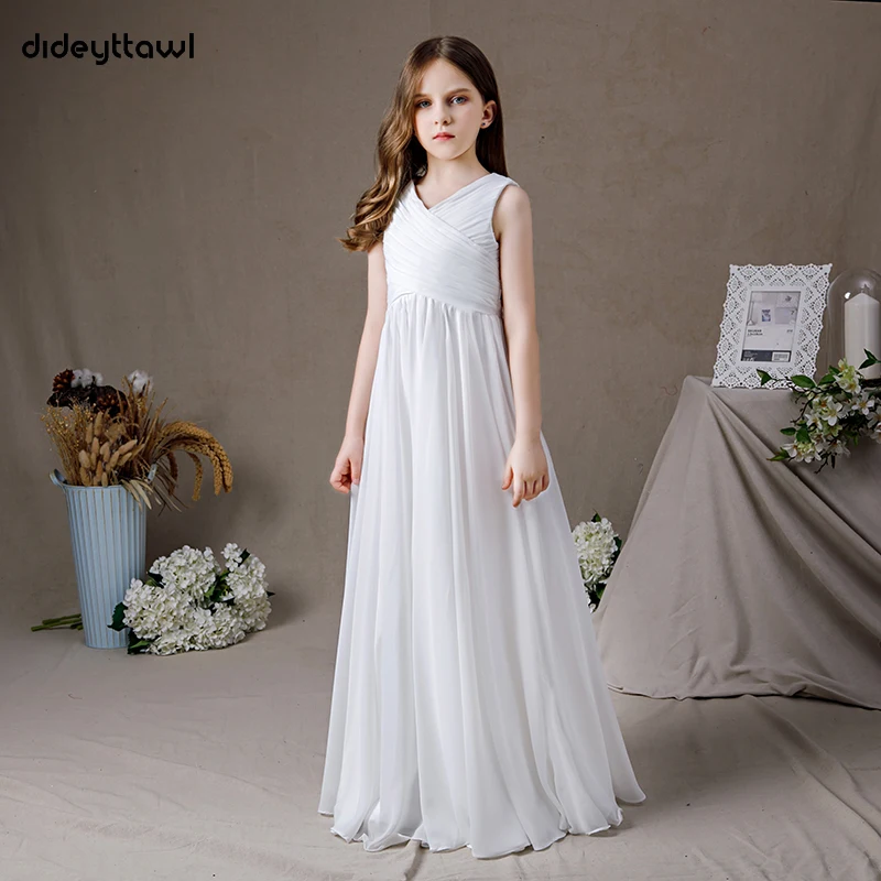 Dideyttawl Customized Chiffon Peated Floor Length Sleeveless Flower Girl Dress V Neck First Communion Gown Junior Concert Party