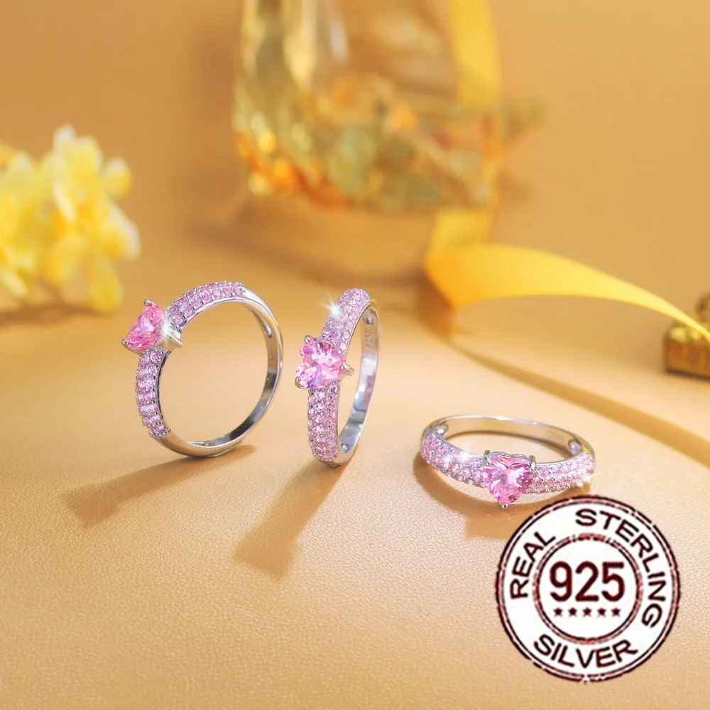 S925 Silberner Herzförmiger Rosa CZ Damen-Versprechensring mit Mikro-Pavé Eternity-Band für Verliebte, Romantischer Schmuck als Geschenk SR109 – Detail 7