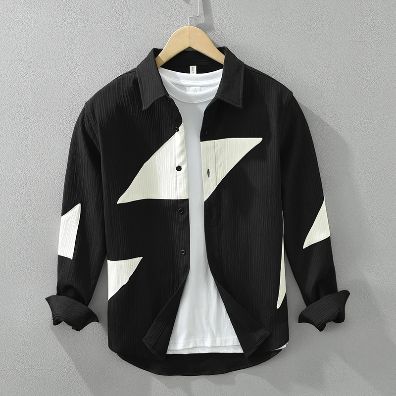 New Spring Autumn Japanese Contrasting Color Spliced Long-sleeved Shirt for Men Casual and Versatile Trendy Brand Shirt for Men