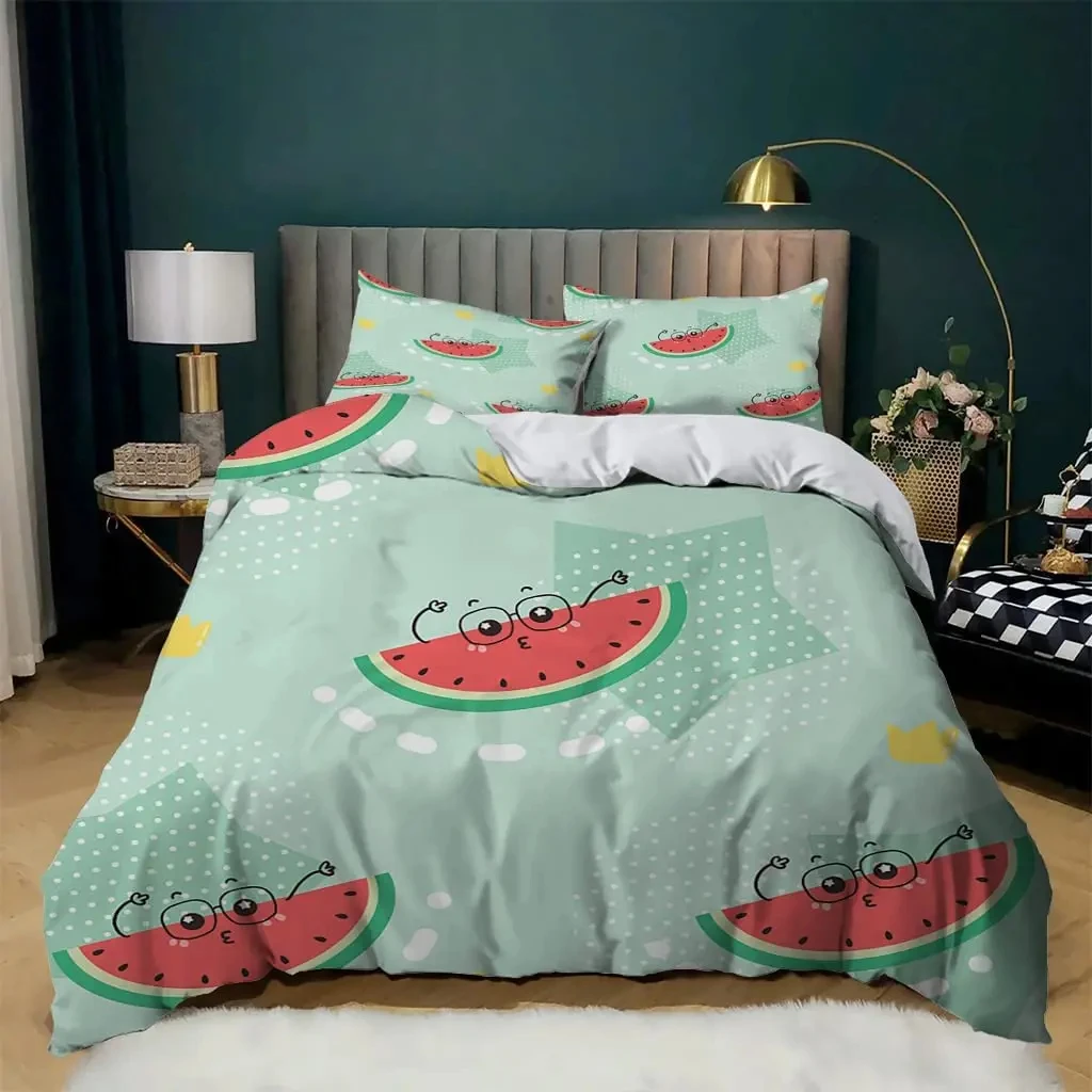 Watermelon Duvet Cover Sweet Fruit Print Single Queen Comforter Cover Summer Watermelon Bedding Set for Boys Girls Bedroom Dorm