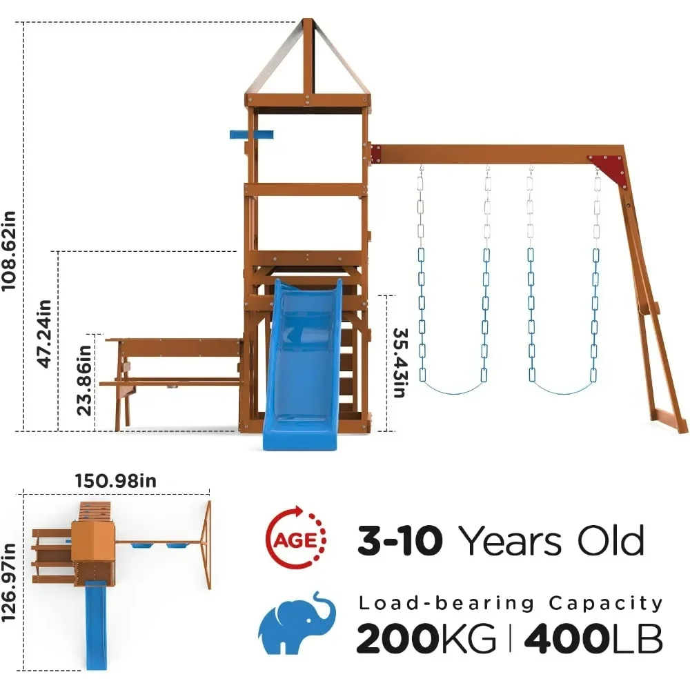 Outdoor Playset for Kids 3-10 with Rock Climbing Wall, 6FT Wave Slide, Fort, and 2 Belt Swings, No Monkey Bar Playhouses