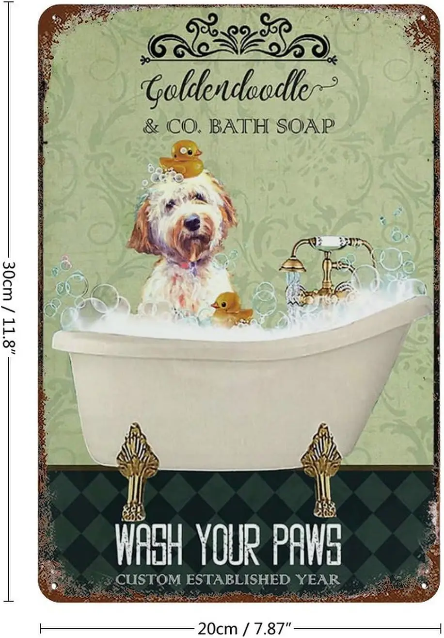 Vintage Tin Sign Goldendoodle Dog In Bathtub Bath Soap Established Wash Your Paws Funny Metal Tin Sign Wall Decor Rustic Farmhou