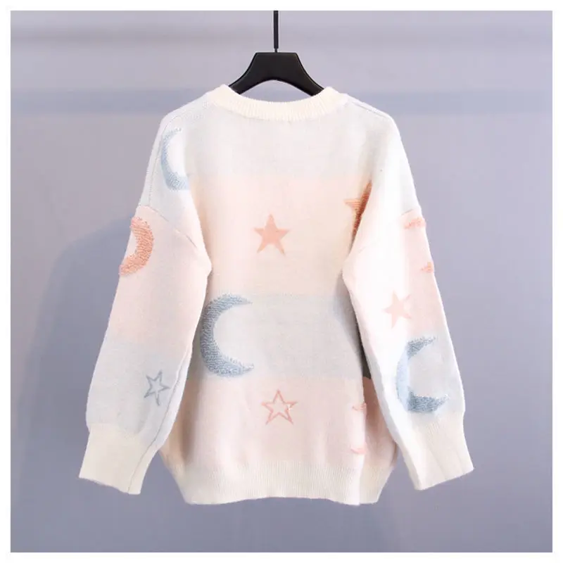 2023 Autumn and Winter Korean Edition Small Fresh Loose Relaxed Round Neck Printed Student Knitted Thickened Pullover Sweater