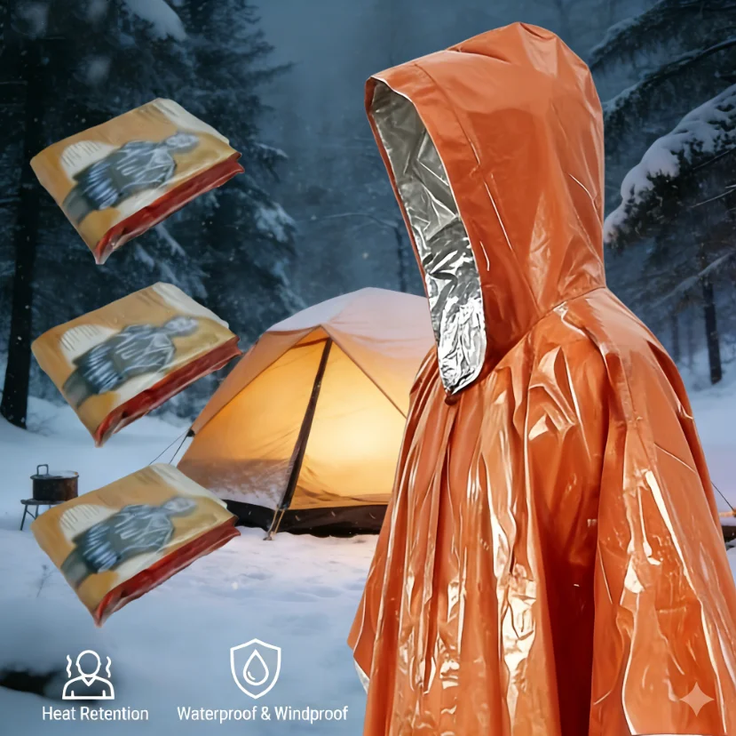 Lightweight Compact Emergency Rain Poncho Multi-Use Waterproof Windproof Poncho for Travel Cycling Disaster Prep
